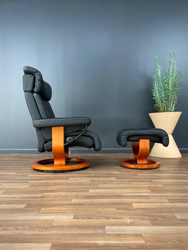 Ekornes Stressless Black Leather Reclining Swivel Lounge Chair with Ottoman
