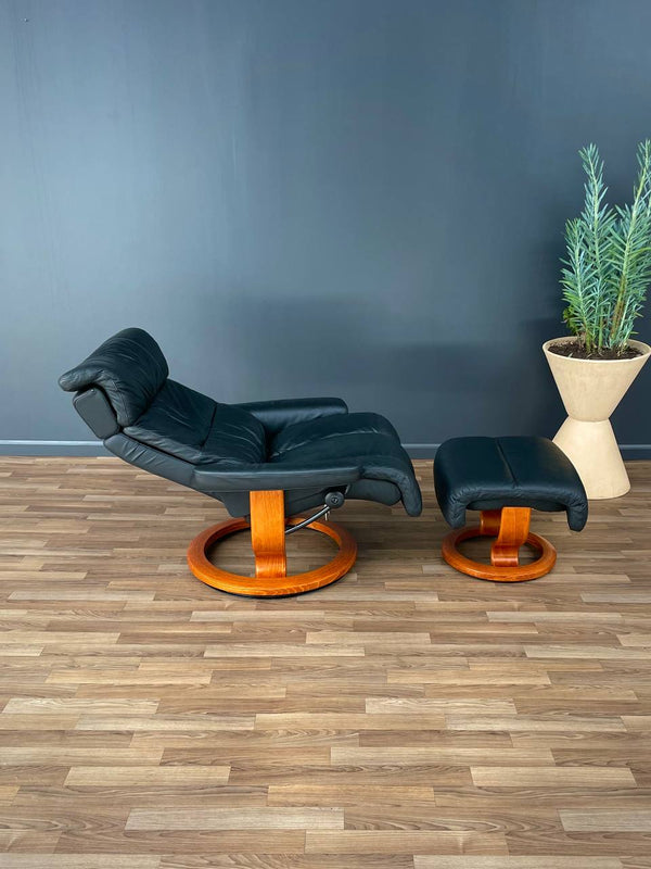 Ekornes Stressless Black Leather Reclining Swivel Lounge Chair with Ottoman