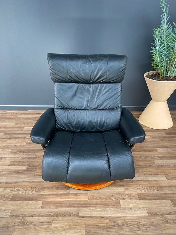 Ekornes Stressless Black Leather Reclining Swivel Lounge Chair with Ottoman
