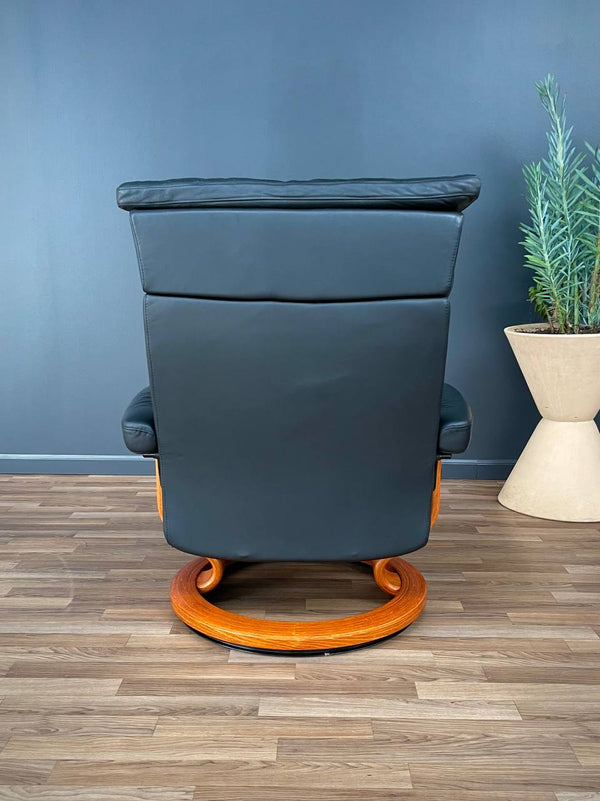 Ekornes Stressless Black Leather Reclining Swivel Lounge Chair with Ottoman