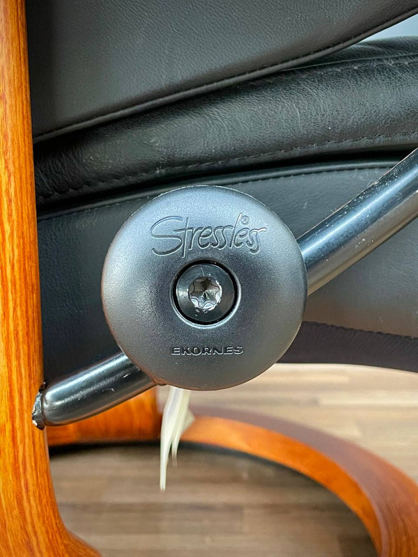 Ekornes Stressless Black Leather Reclining Swivel Lounge Chair with Ottoman
