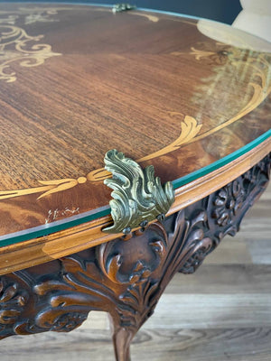 Antique French Louis XV-Style Inlayed & Carved Coffee Table Rustic Farmhouse, c.1950’s
