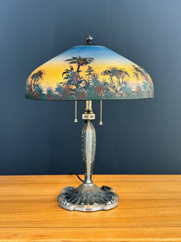 Arts & Crafts Pittsburgh Reverse Painted Farmhouse Table Lamp, c.1930’s