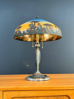 Arts & Crafts Pittsburgh Reverse Painted Farmhouse Table Lamp, c.1930’s