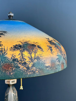Arts & Crafts Pittsburgh Reverse Painted Farmhouse Table Lamp, c.1930’s