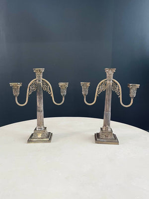 Pair of Neoclassical Silver-Plate Corinthian Column Candelabras, c.1940’s