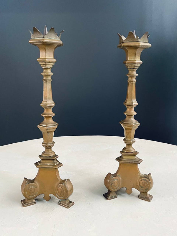 Pair of French Gothic Style Brass Candle Stick Holders, c.1950’s