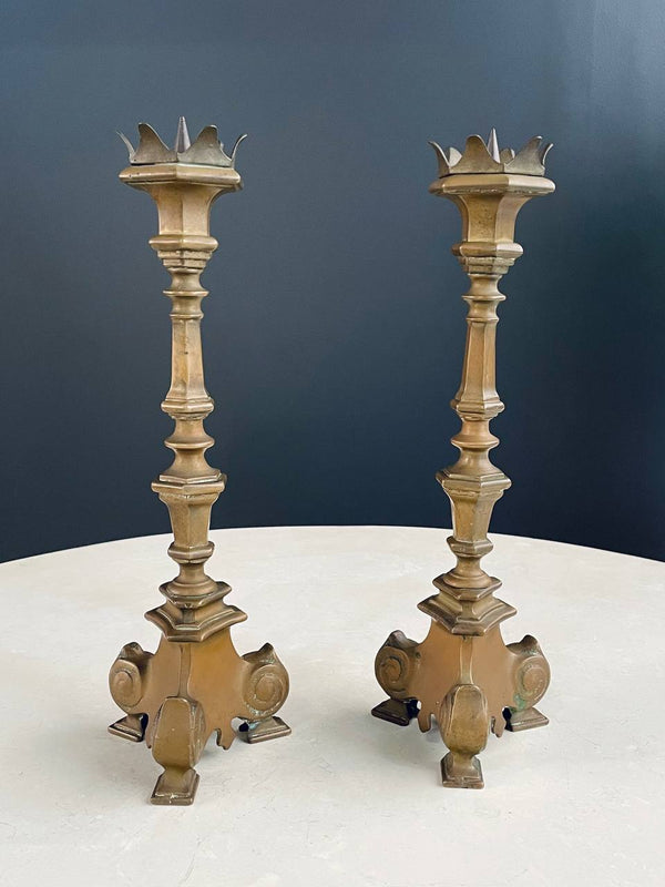 Pair of French Gothic Style Brass Candle Stick Holders, c.1950’s