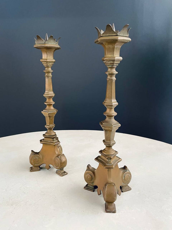 Pair of French Gothic Style Brass Candle Stick Holders, c.1950’s