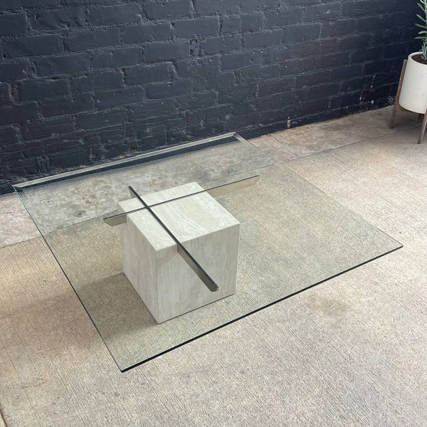 Vintage Mid-Century Modern Travertine Stone & Chrome Coffee Table with Glass Top, c.1970’s