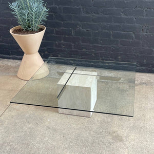 Vintage Mid-Century Modern Travertine Stone & Chrome Coffee Table with Glass Top, c.1970’s