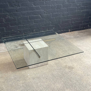 Vintage Mid-Century Modern Travertine Stone & Chrome Coffee Table with Glass Top, c.1970’s