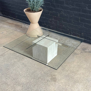 Vintage Mid-Century Modern Travertine Stone & Chrome Coffee Table with Glass Top, c.1970’s