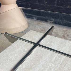 Vintage Mid-Century Modern Travertine Stone & Chrome Coffee Table with Glass Top, c.1970’s