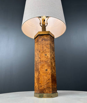 Mid-Century Modern Hexagonal Burl Wood & Brass Table Lamp , c.1960’s