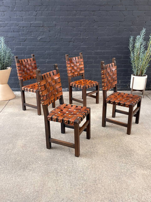 Set of 4 Vintage Rustic Spanish Interlaced Cognac Leather Dining Chairs, c.1970’s