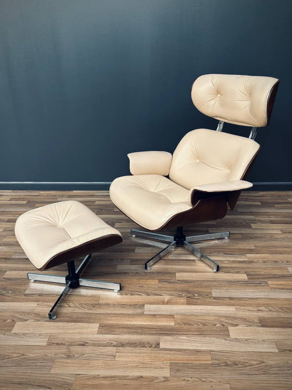 Mid-Century Modern Beige Leather Lounge Chair with Ottoman by Plycraft, c.1960’s