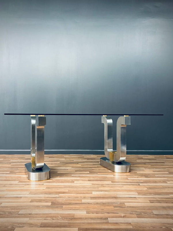 Mid-Century Modern Sculpted Metal Dining Table with Glass Top
