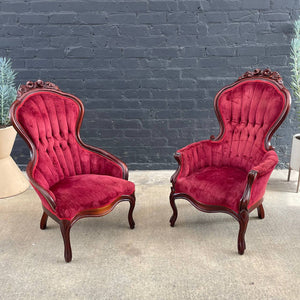 American Antique Victorian Style Mahogany Carved Lounge Chairs, c.1950’s