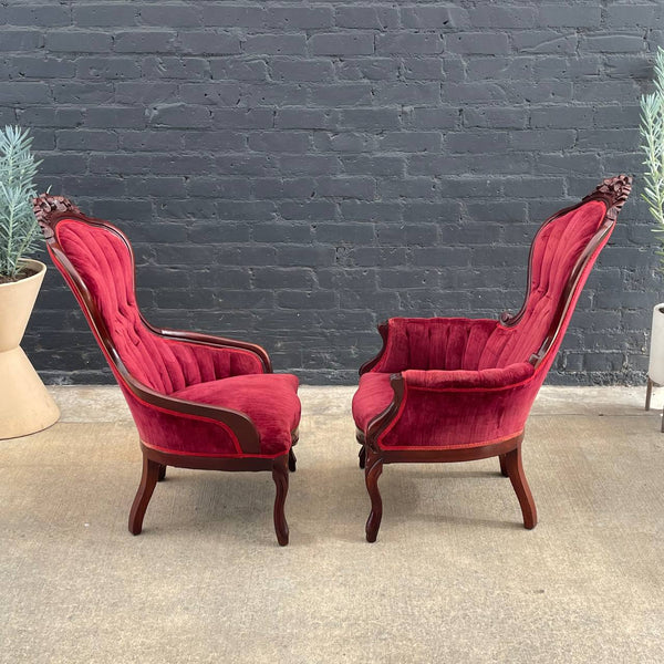 American Antique Victorian Style Mahogany Carved Lounge Chairs, c.1950’s