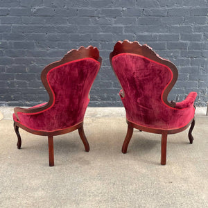 American Antique Victorian Style Mahogany Carved Lounge Chairs, c.1950’s