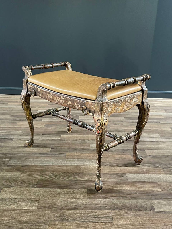 English Style Gilt Wood & Leather Bench with Cabriole Legs