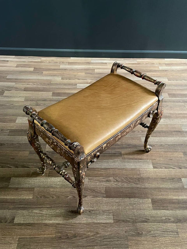 English Style Gilt Wood & Leather Bench with Cabriole Legs