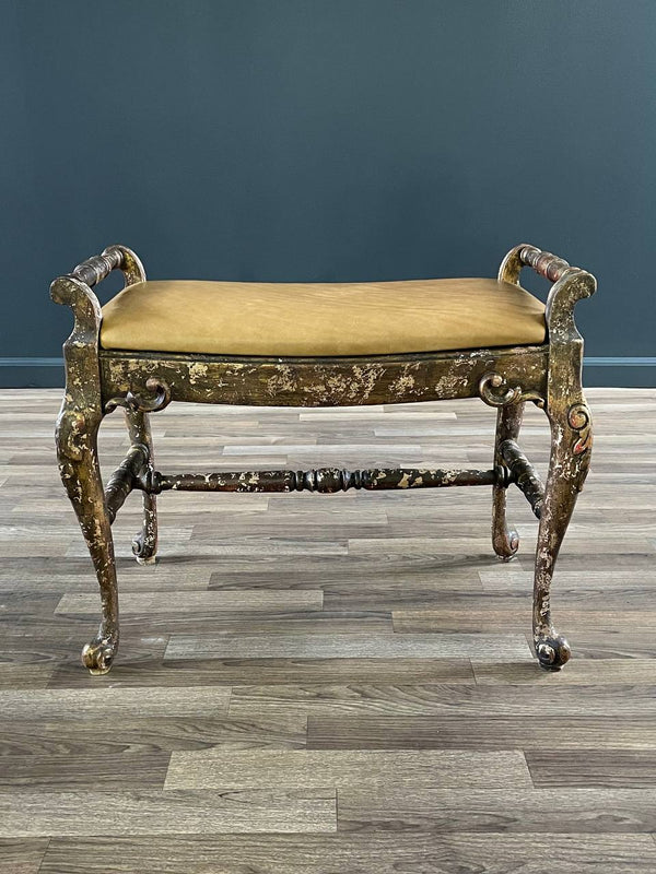 English Style Gilt Wood & Leather Bench with Cabriole Legs