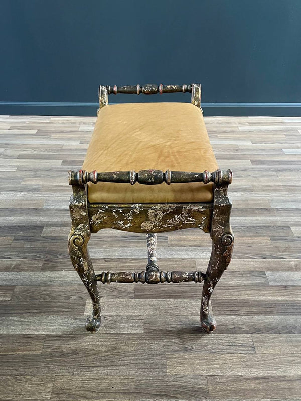 English Style Gilt Wood & Leather Bench with Cabriole Legs