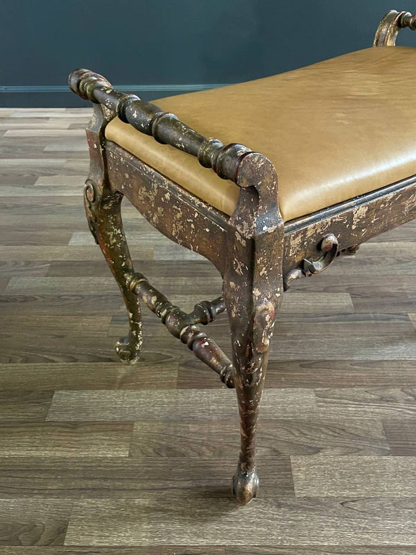 English Style Gilt Wood & Leather Bench with Cabriole Legs