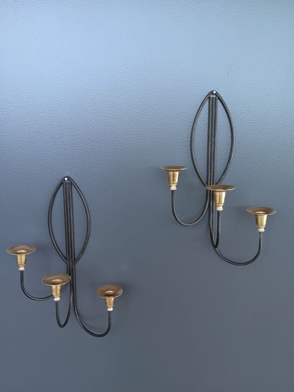 Pair of Mid-Century Modern Iron & Brass Candle Wall Sconces, c.1960’s