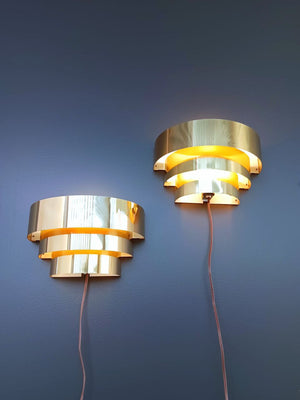 Pair of Mid-Century Modern 3-Tier Brass Wall Sconces
