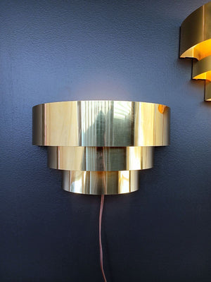 Pair of Mid-Century Modern 3-Tier Brass Wall Sconces