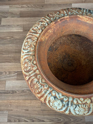 Patinated Cast Iron Urn Planter Coastal Rustic Farmhouse, c.1950’s