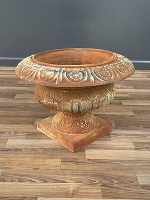 Patinated Cast Iron Urn Planter Coastal Rustic Farmhouse, c.1950’s