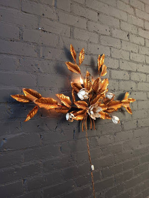Hollywood Regency Italian Gold Gilt Leaves Toleware Sconce with White Flowers, c.1960’s