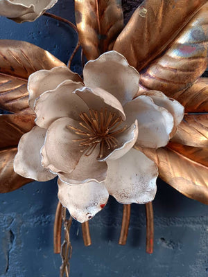Hollywood Regency Italian Gold Gilt Leaves Toleware Sconce with White Flowers, c.1960’s