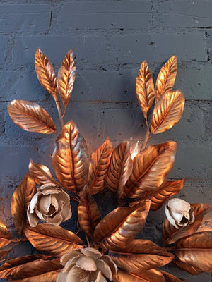 Hollywood Regency Italian Gold Gilt Leaves Toleware Sconce with White Flowers, c.1960’s