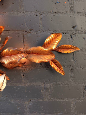 Hollywood Regency Italian Gold Gilt Leaves Toleware Sconce with White Flowers, c.1960’s
