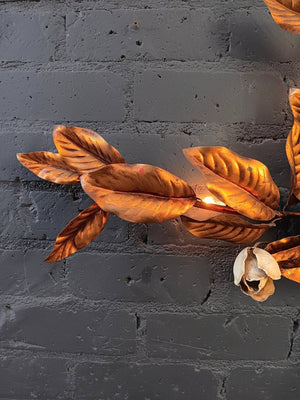 Hollywood Regency Italian Gold Gilt Leaves Toleware Sconce with White Flowers, c.1960’s