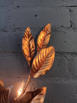 Hollywood Regency Italian Gold Gilt Leaves Toleware Sconce with White Flowers, c.1960’s