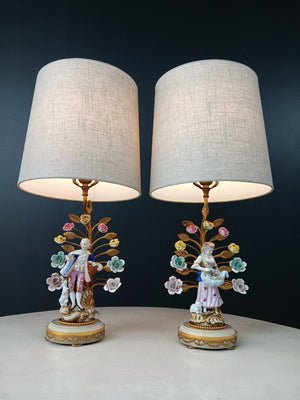 Pair of French Louis XV-Style Porcelain Provincial Figural Lamps, c.1920’s