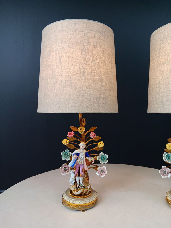 Pair of French Louis XV-Style Porcelain Provincial Figural Lamps, c.1920’s