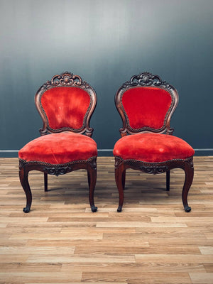 Pair of Victorian Carved Side Chairs with Red Velvet Upholstery, c.1930’s