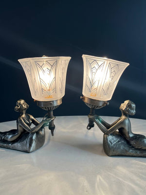 Art Deco Women Figural Table Lamps, signed Chandler, c.1930’s