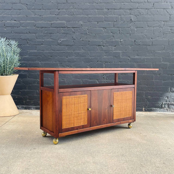 Vintage Mid-Century Modern Expanding Rolling Serving Cart with Cane Doors, c.1960’s