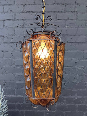 Vintage Amber Bubble Glass & Iron Lantern Chandelier, c.1970’s
