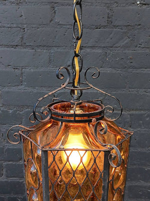Vintage Amber Bubble Glass & Iron Lantern Chandelier, c.1970’s