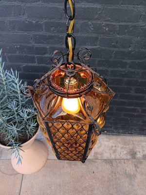 Vintage Amber Bubble Glass & Iron Lantern Chandelier, c.1970’s