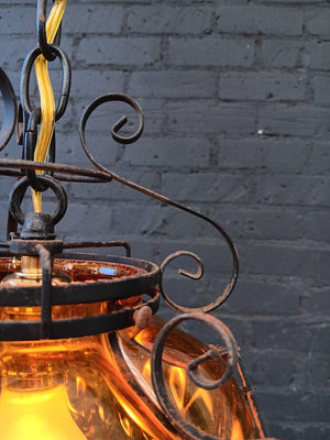 Vintage Amber Bubble Glass & Iron Lantern Chandelier, c.1970’s